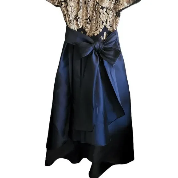 R&M Richards Blue and Gold Embellished Sequin Bow High Low Ball Gown Dress - Picture 4 of 12